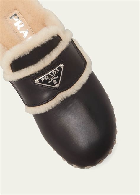 prada leather shearling logo mule clogs|prada mules.